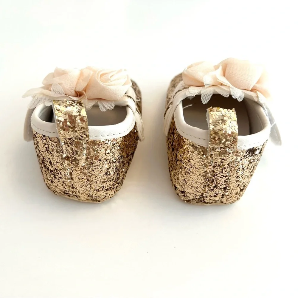 NEW Gold Glitter Baby Dress Shoes w/Floral Accent BABY Size 3 - New Without Tags